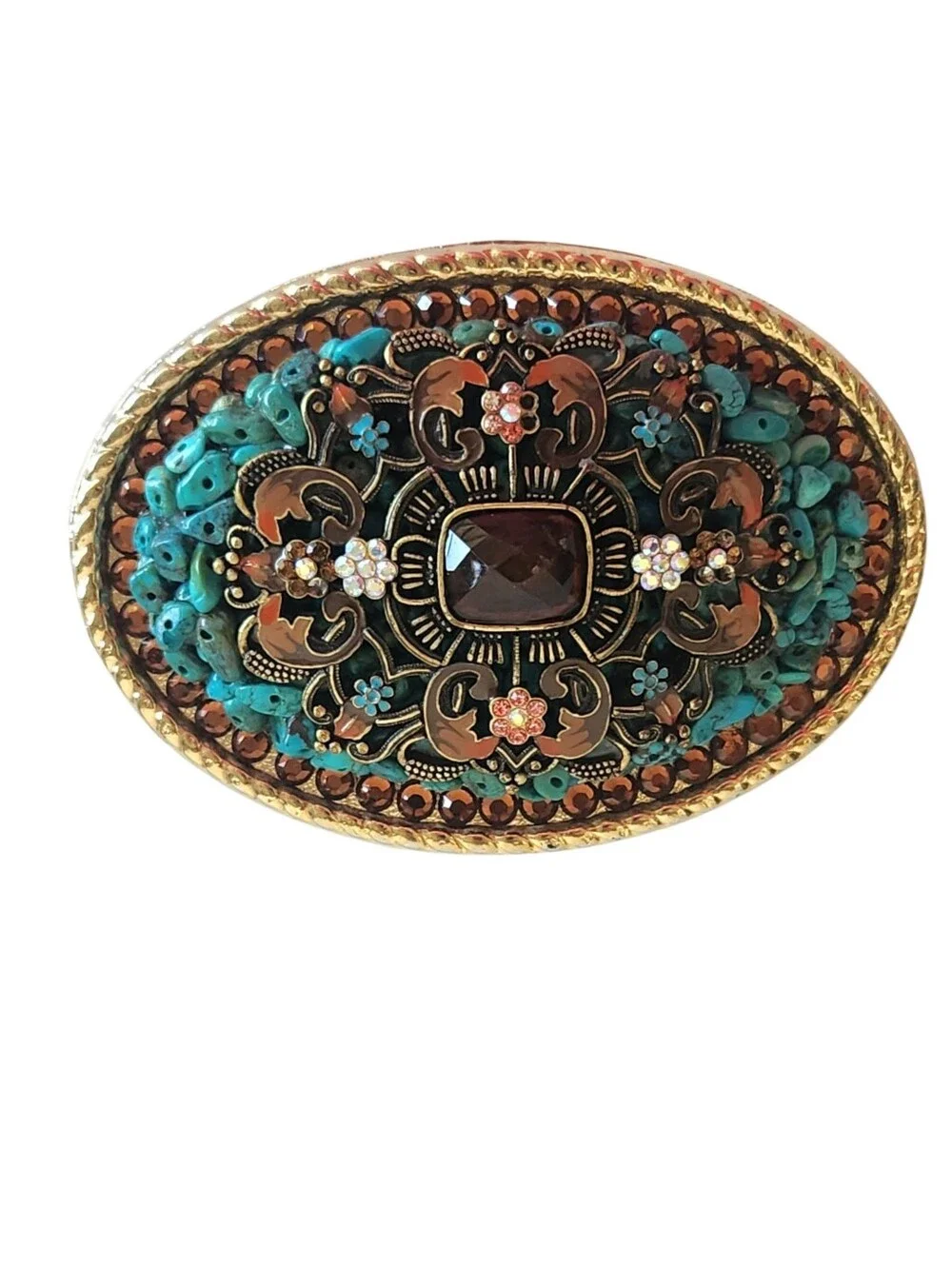 Vtg USA Accessories Tooled Leather Western Belt Ornate Jeweled Buckle Sz 38-40